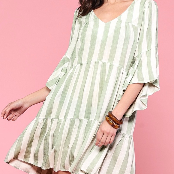 Dresses & Skirts - Stripe V-Neck Tier Dress with Bell Sleeves